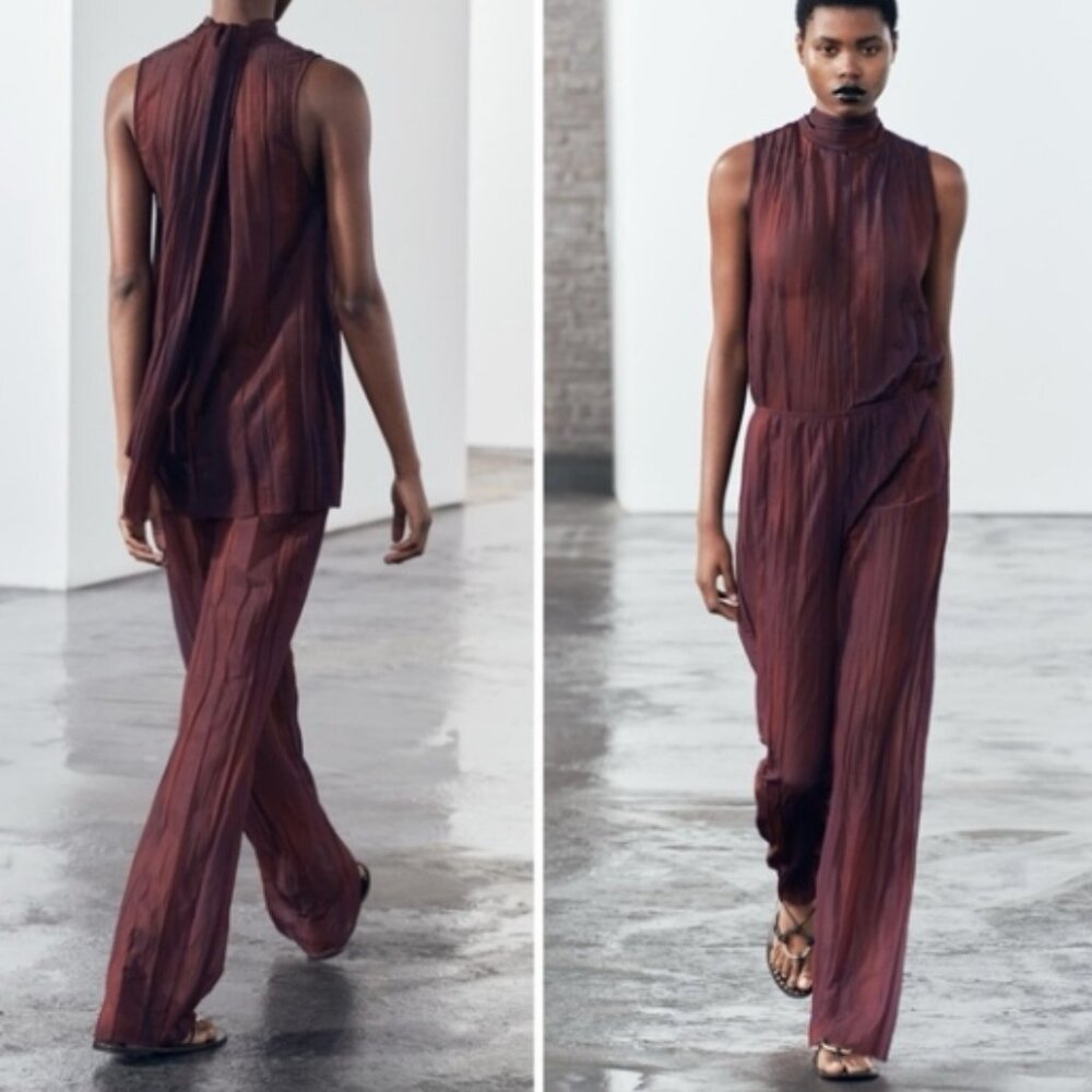 NWT BURGUNDY WINE EGGPLANT STRETCH ORGANZA TOP AND PANTS SET